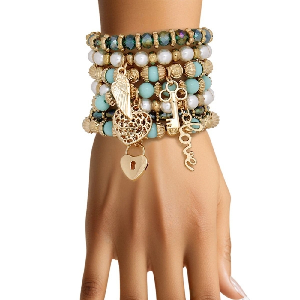 Stretch Charm Bracelet Set Turquoise Beads Pearls Love Heart Key Lock Angel Wing